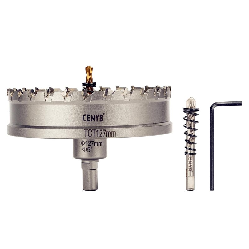cenyb 5" (127mm) Tungsten Carbide Tipped Hole Saw with 2Pcs Titanium-Plated Pilot Drill Bits for Hard Metal,Stainless Steel,Iron,Aluminum Alloy,Wood and Plastic - Image 1